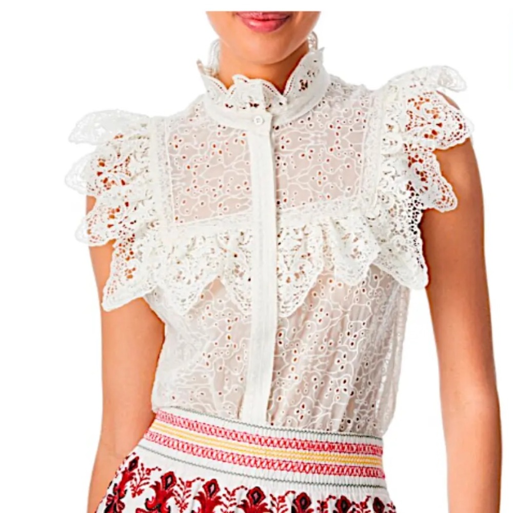 ALICE + OLIVIA MARIAN EMBROIDERED EYELET & RUFFLE SLEEVELESS BLOUSE Size:M
